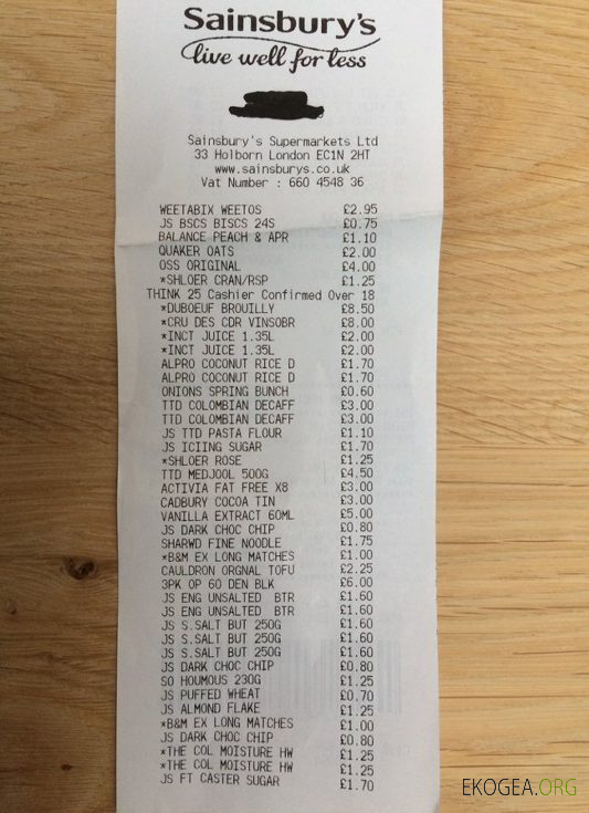 Reçu de paiement du supermarché Sainsbury's